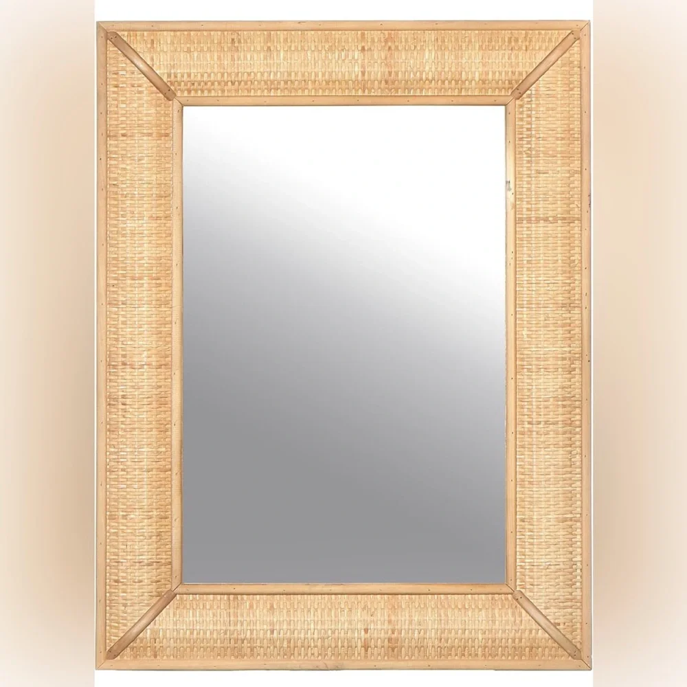 New West Elm Large Rattan Boho Rectangular Frame Wall Mirror - 27